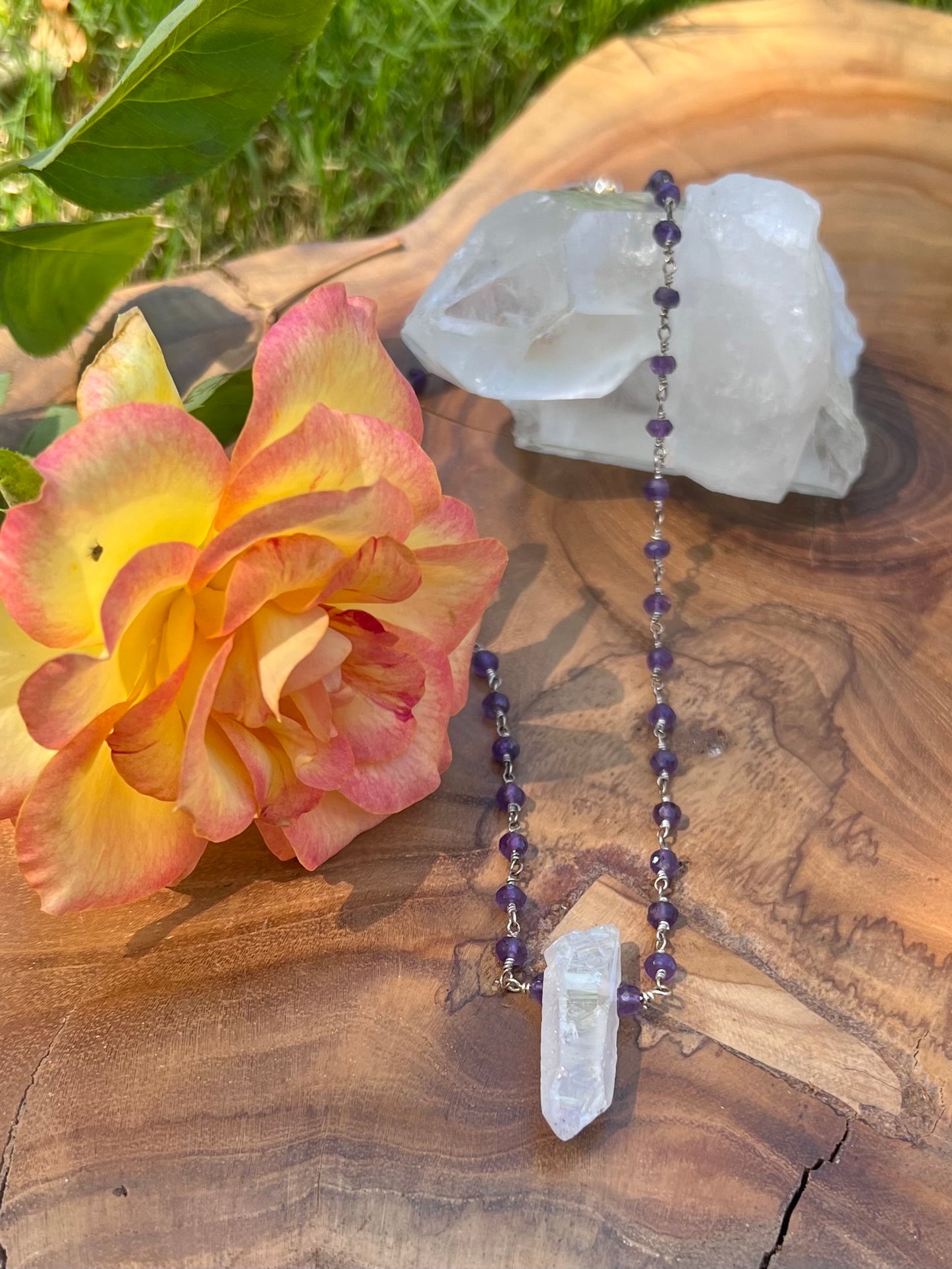 Angel Aura Quartz Point on a Rosary Style Amethyst Necklace