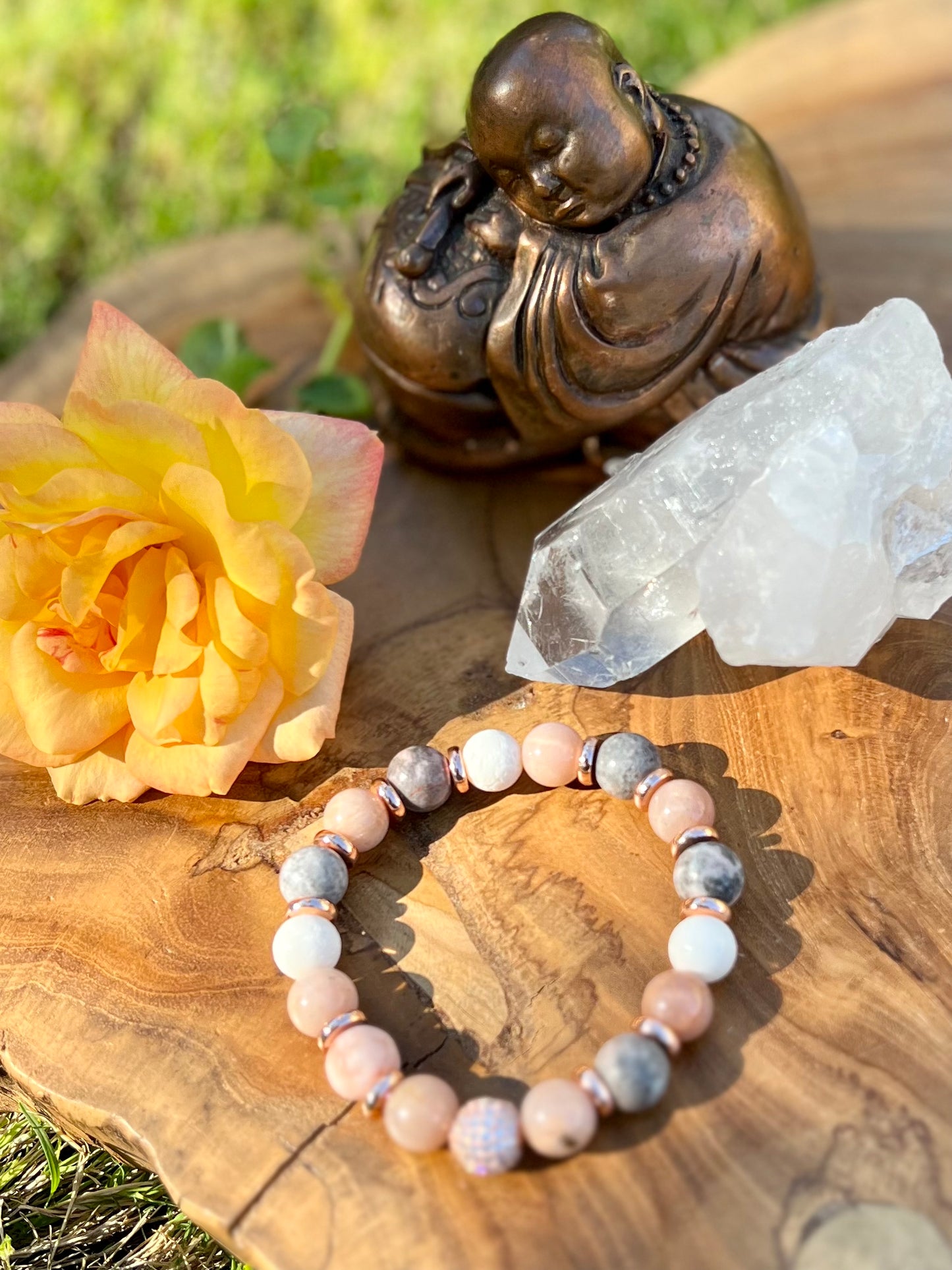 Peach Moonstone, Coral, And Pink Zebra Jasper Rose Gold Bracelet