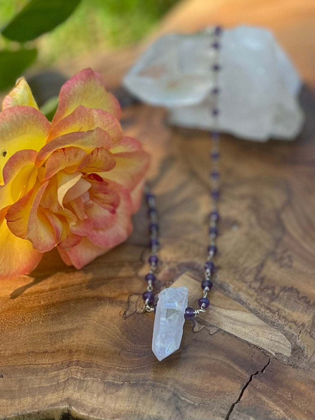 Angel Aura Quartz Point on a Rosary Style Amethyst Necklace