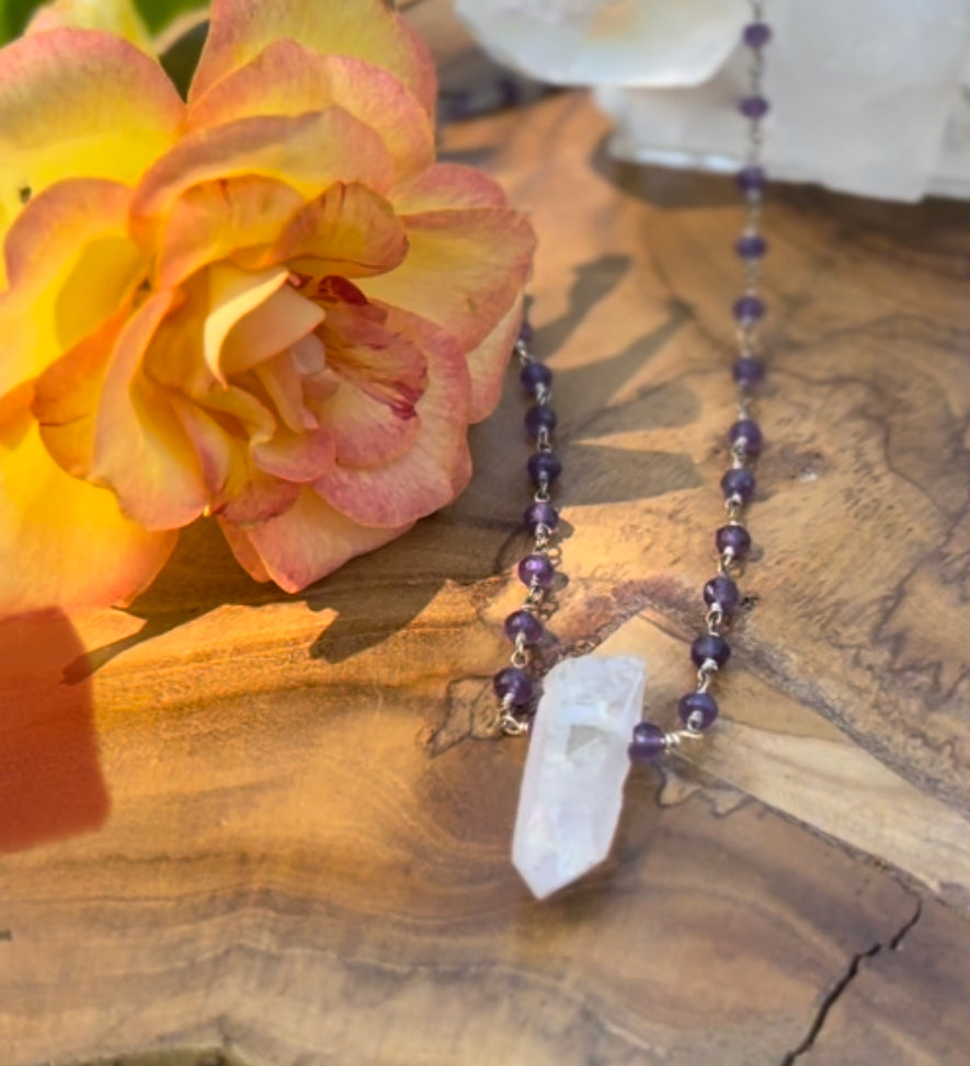 Angel Aura Quartz Point on a Rosary Style Amethyst Necklace