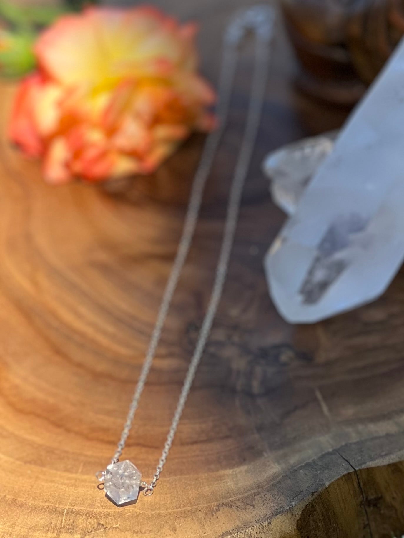 Herkimer diamond necklace on Sterling silver with moonstone