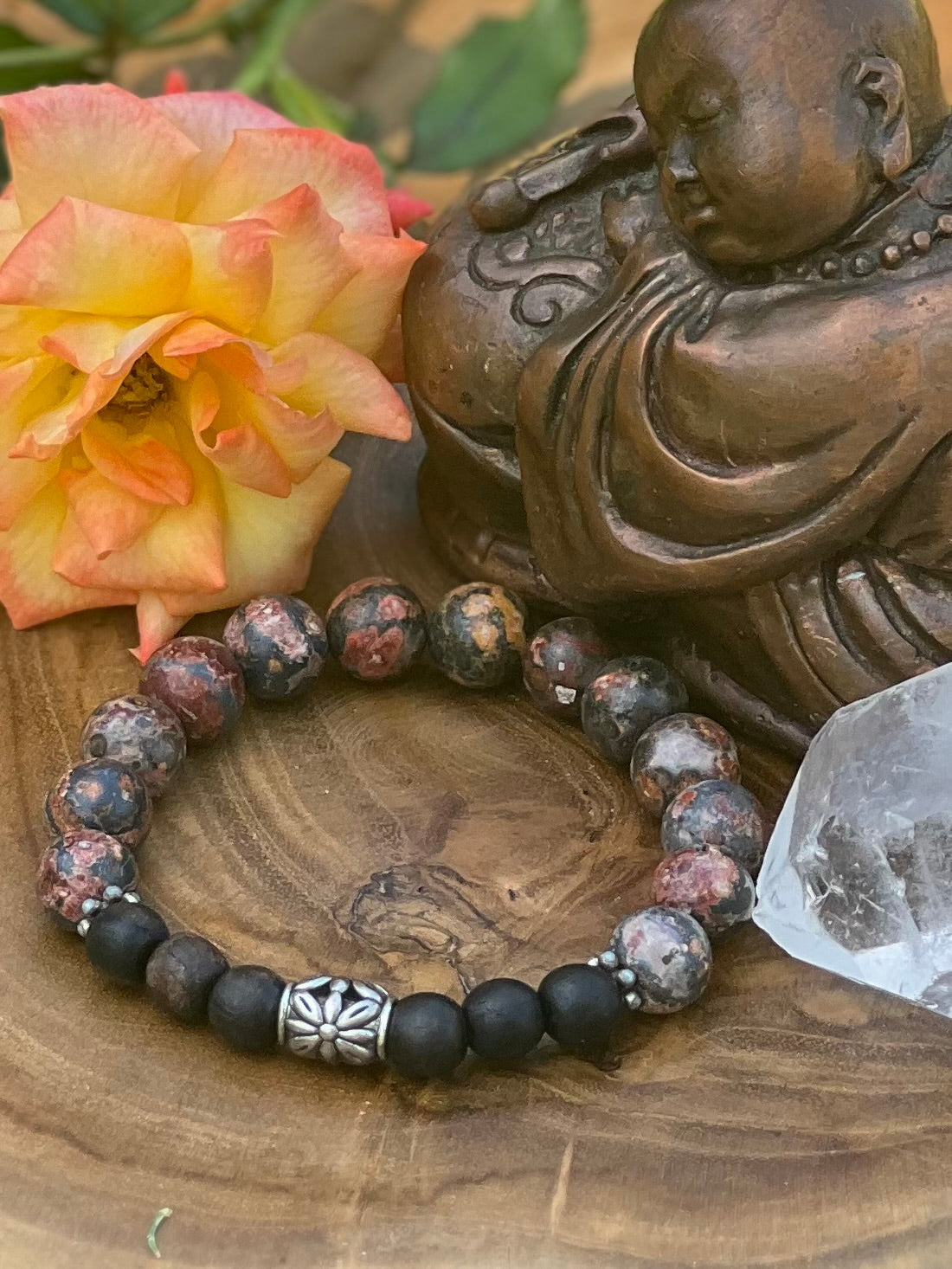 Leopard Skin Jasper with Ebony Wood and flower accent bead