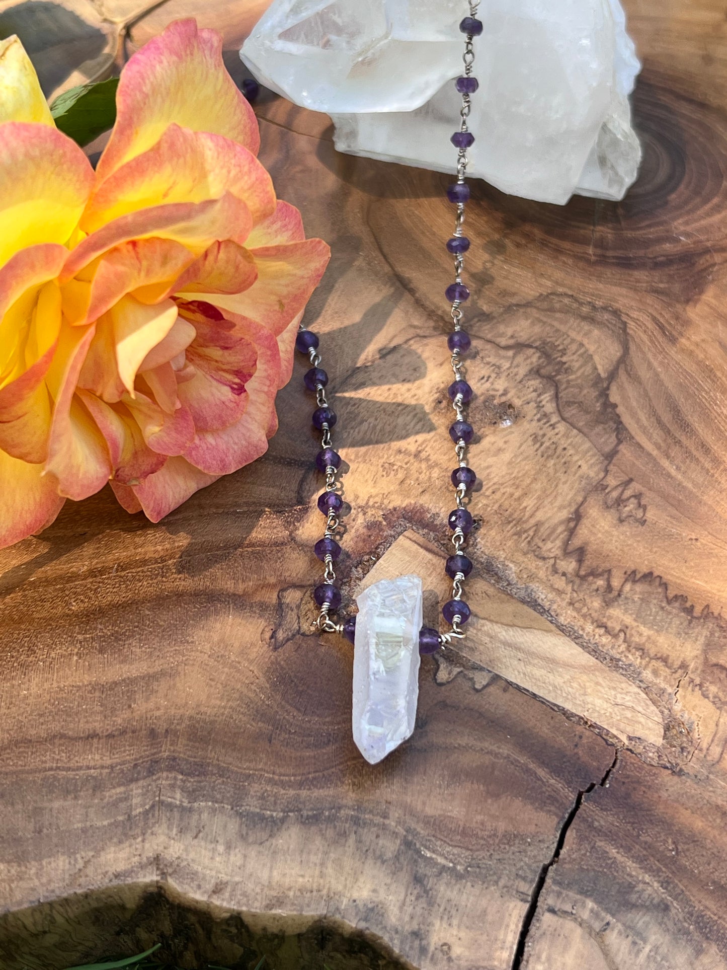 Angel Aura Quartz Point on a Rosary Style Amethyst Necklace