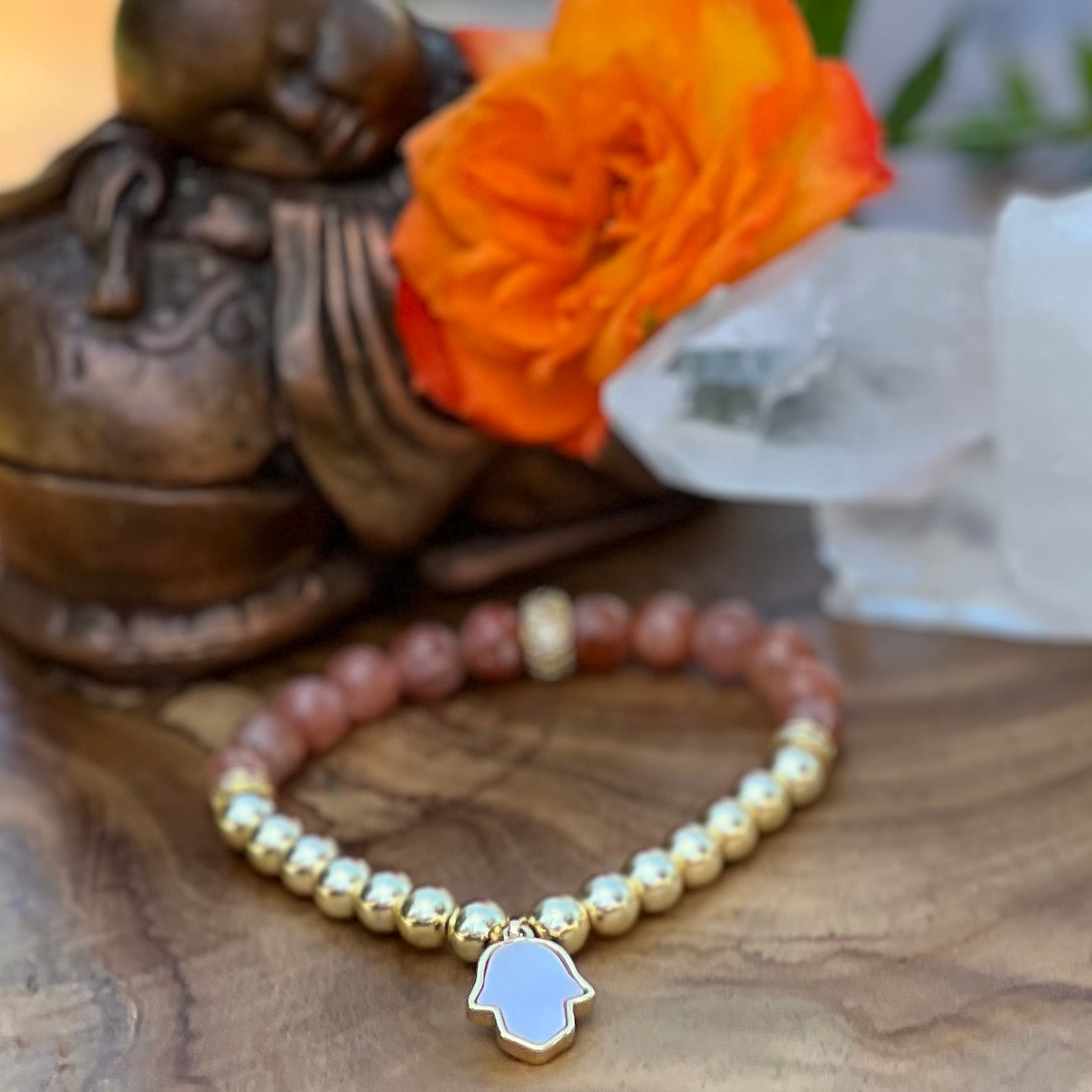 Sunstone and Gold plated Hematite Mother of Pearl Hamsa Hand bracelet