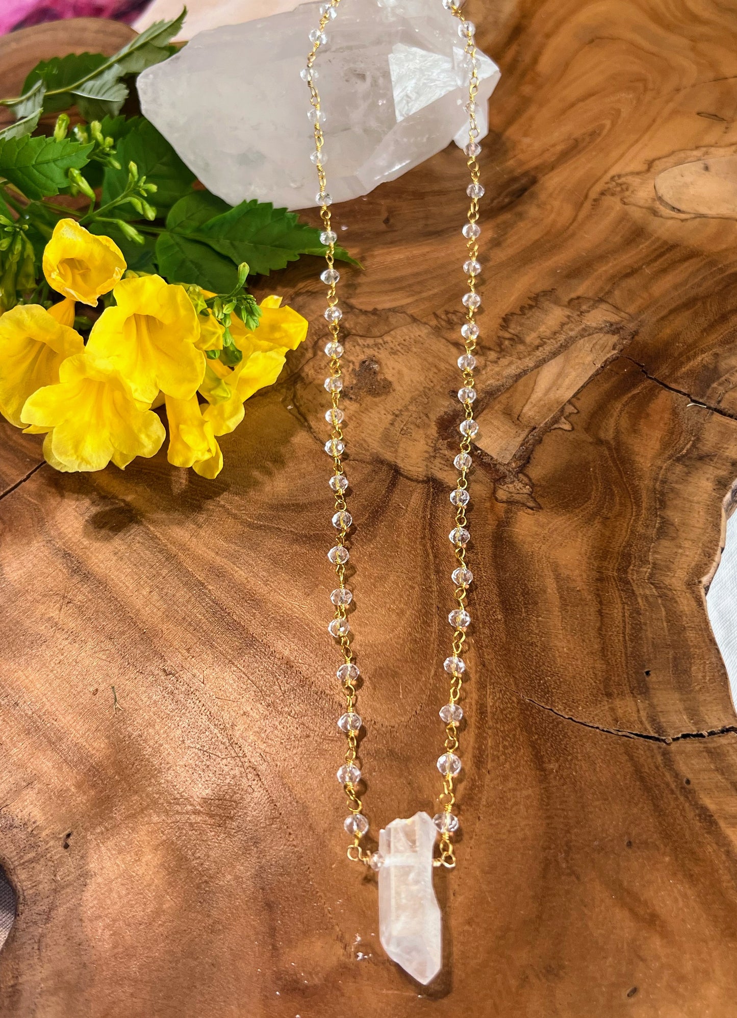 Angel Aura Quartz on a Clear Quartz Rosary Style Necklace