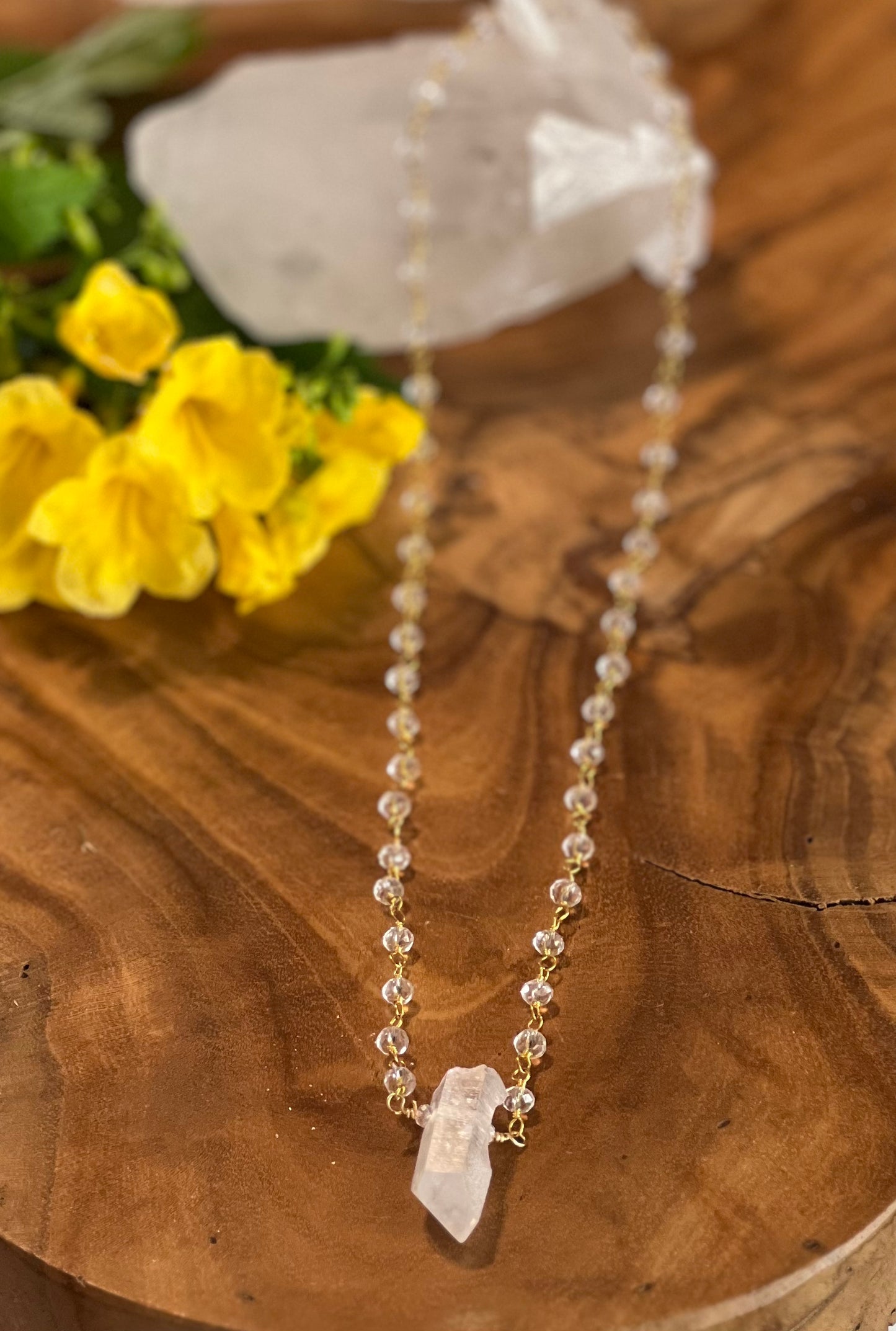 Angel Aura Quartz on a Clear Quartz Rosary Style Necklace