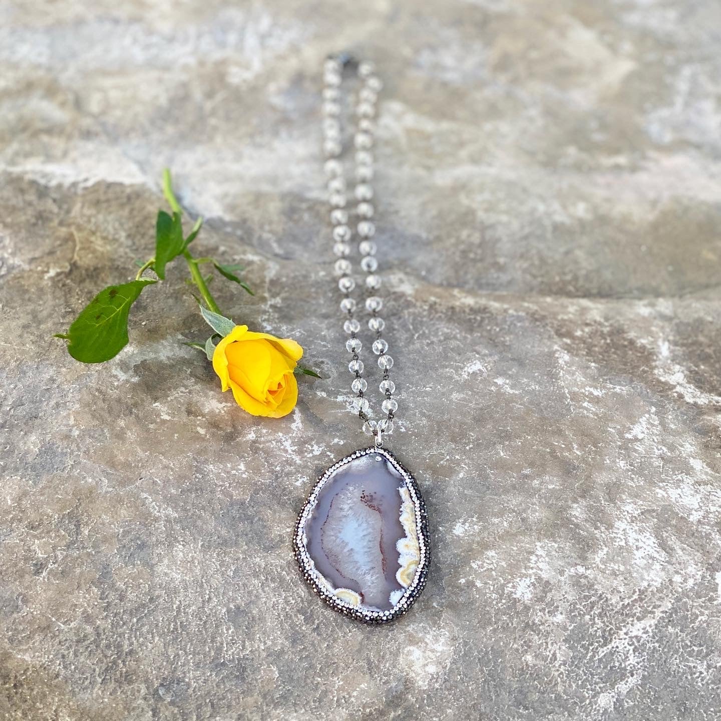 Agate Slice And Clear Quartz Necklace