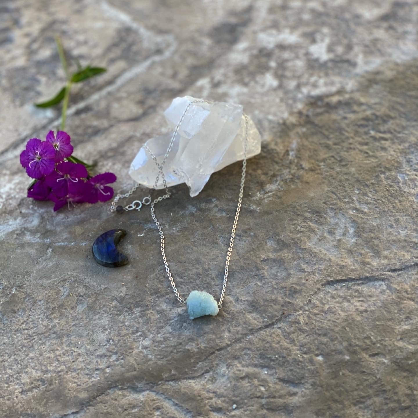 Aquamarine free form sterling silver necklace