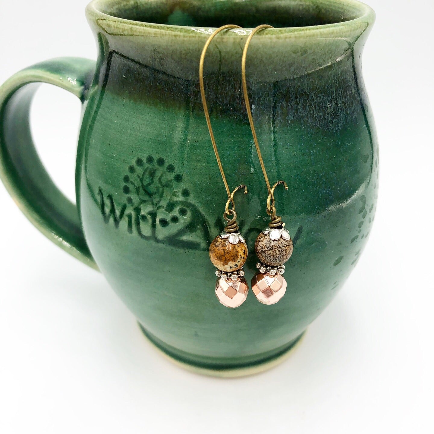 Rose Gold Hematite and Picture Jasper Earrings on Antique Copper