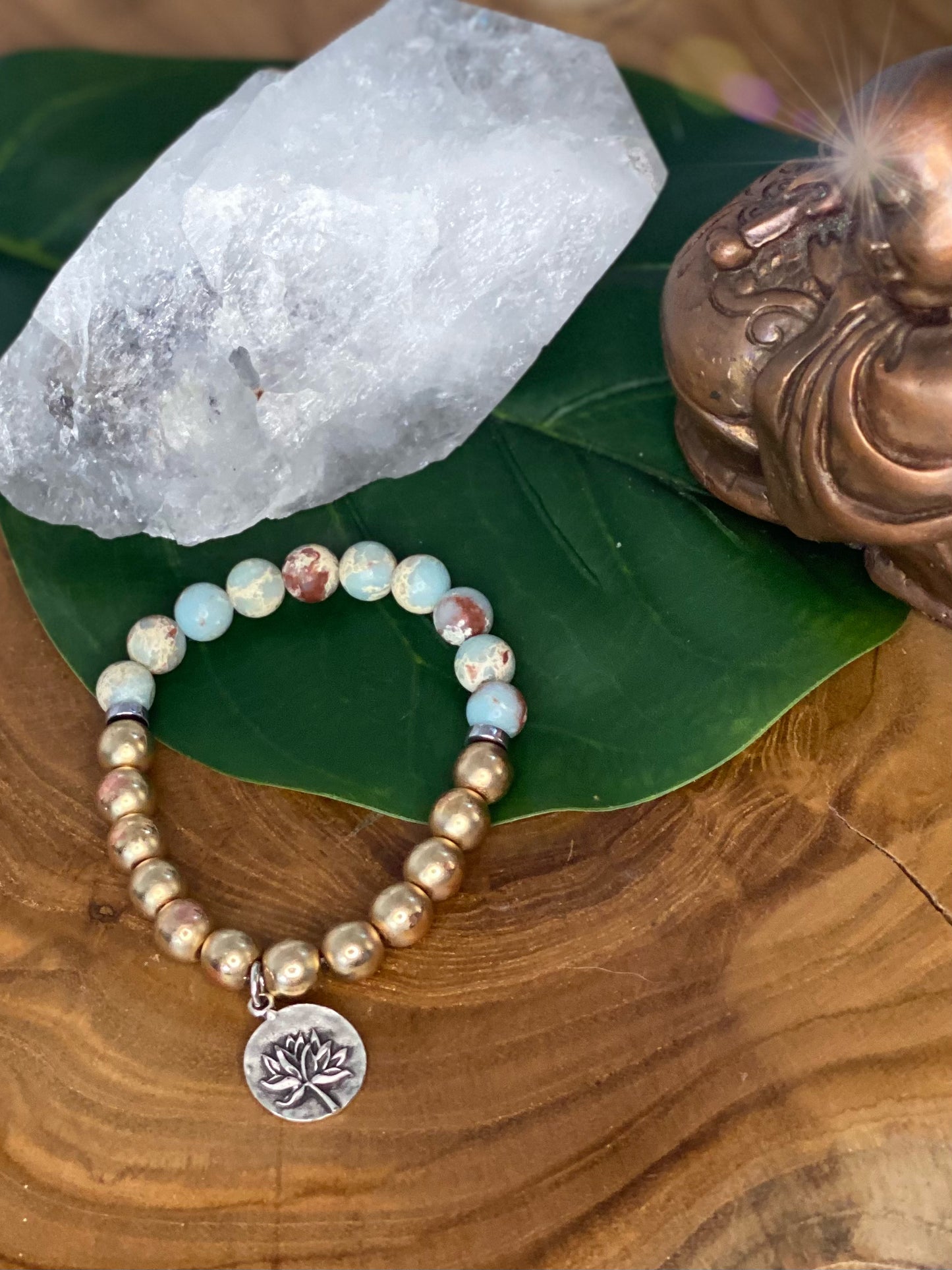 Impression Jasper & Matte Gold Hematite Lotus Flower Bracelet