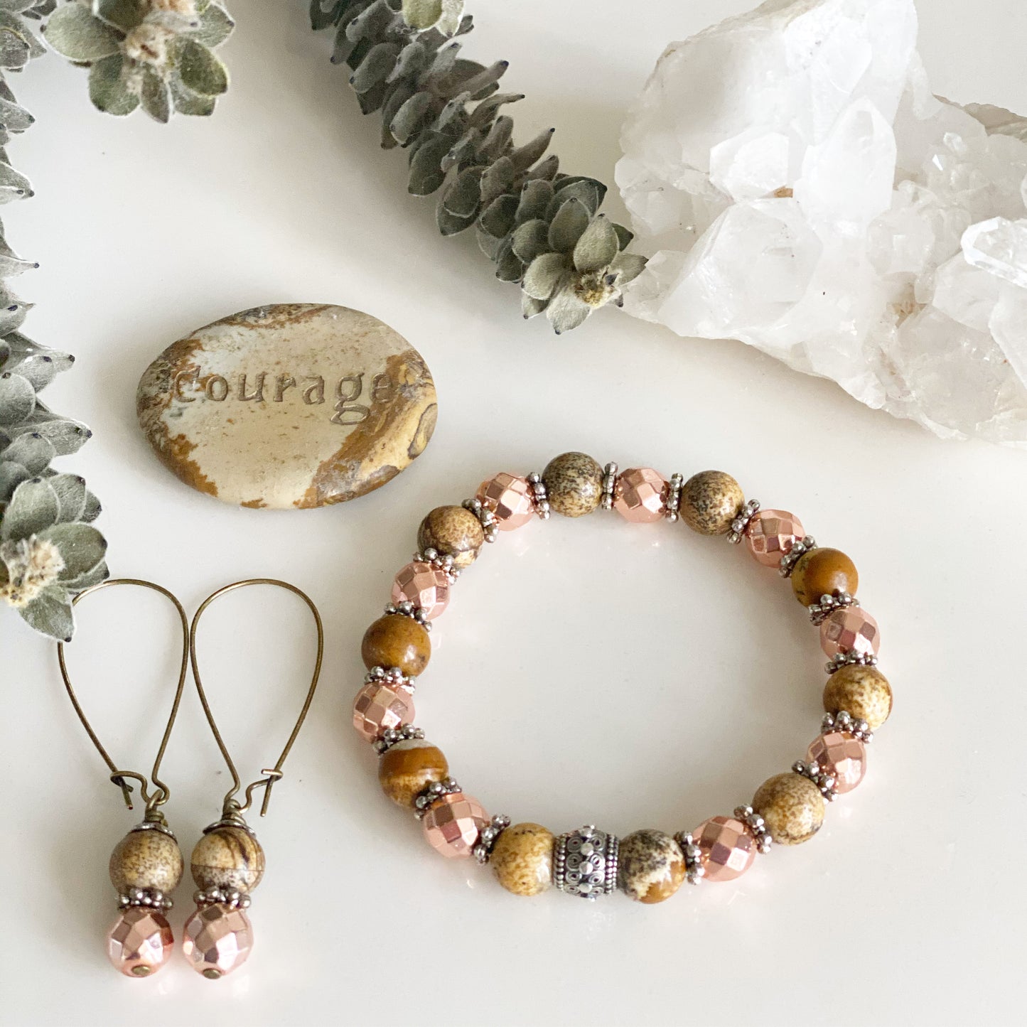 Rose Gold Hematite and Picture Jasper Earrings on Antique Copper