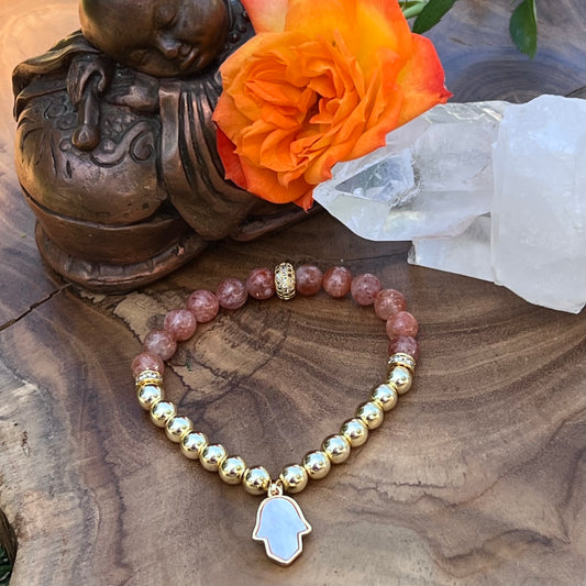 Sunstone and Gold plated Hematite Mother of Pearl Hamsa Hand bracelet