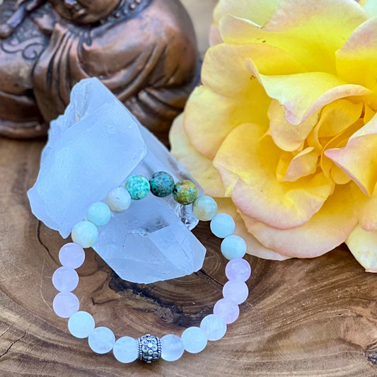 Selenite, Rose Quartz, Amazonite, and Turquoise Ombré bracelet for peace and Love