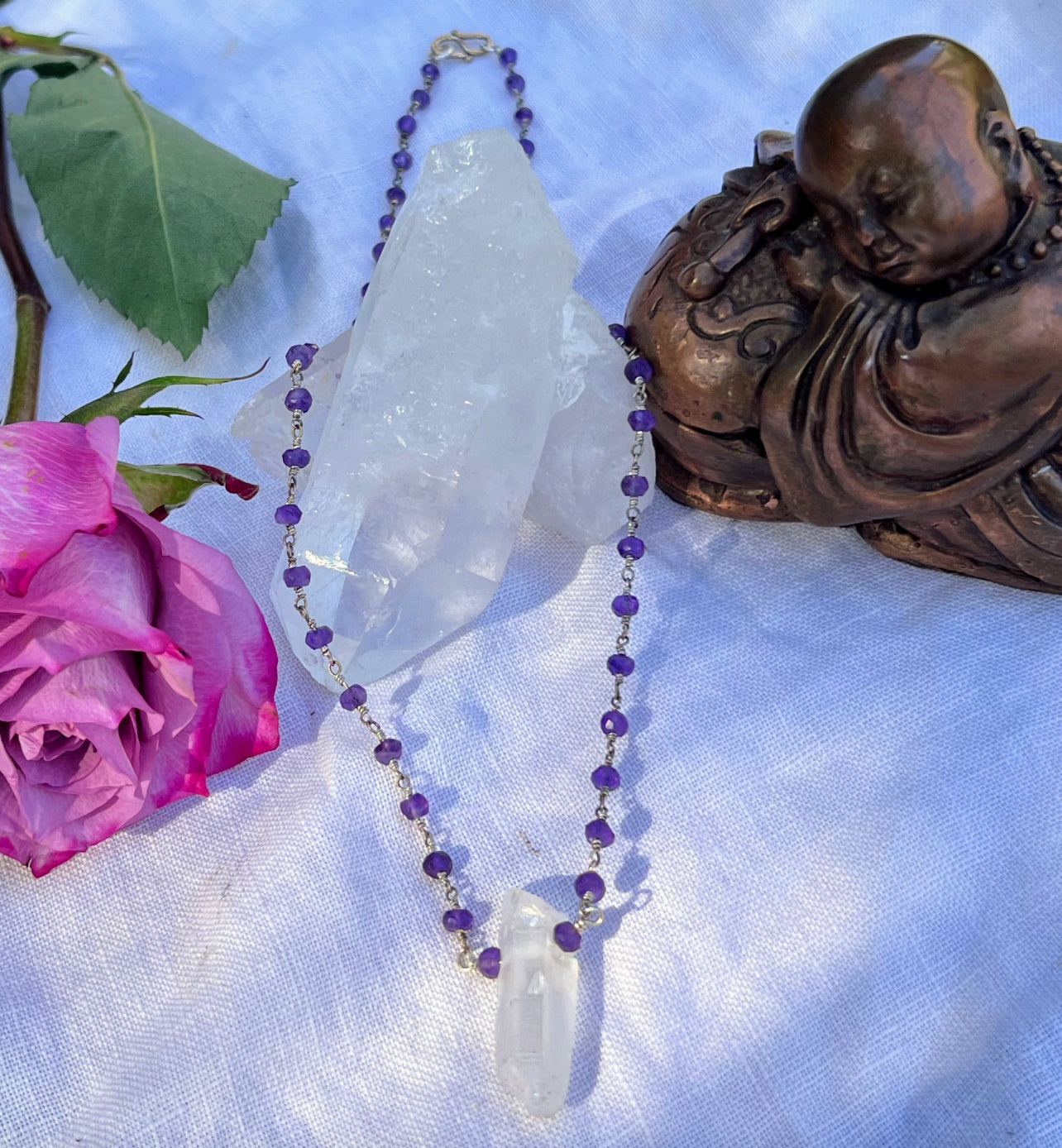 Angel Aura Quartz Point on a Rosary Style Amethyst Necklace