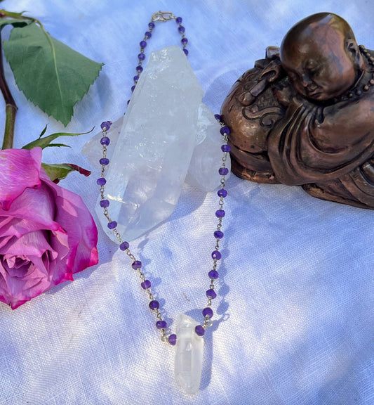 Angel Aura Quartz Point on a Rosary Style Amethyst Necklace