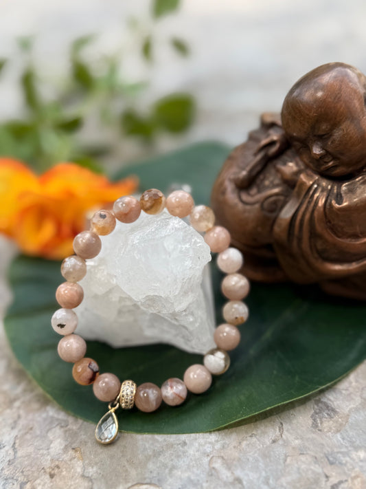 Cherry Blossom Agate and Peach Moonstone Bracelet with a clear Quartz charm