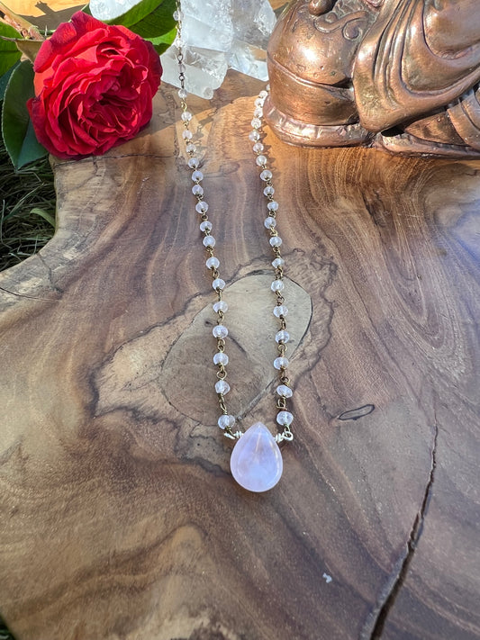 Rose Quartz Necklace on a Rose Quartz Rosary Style Chain