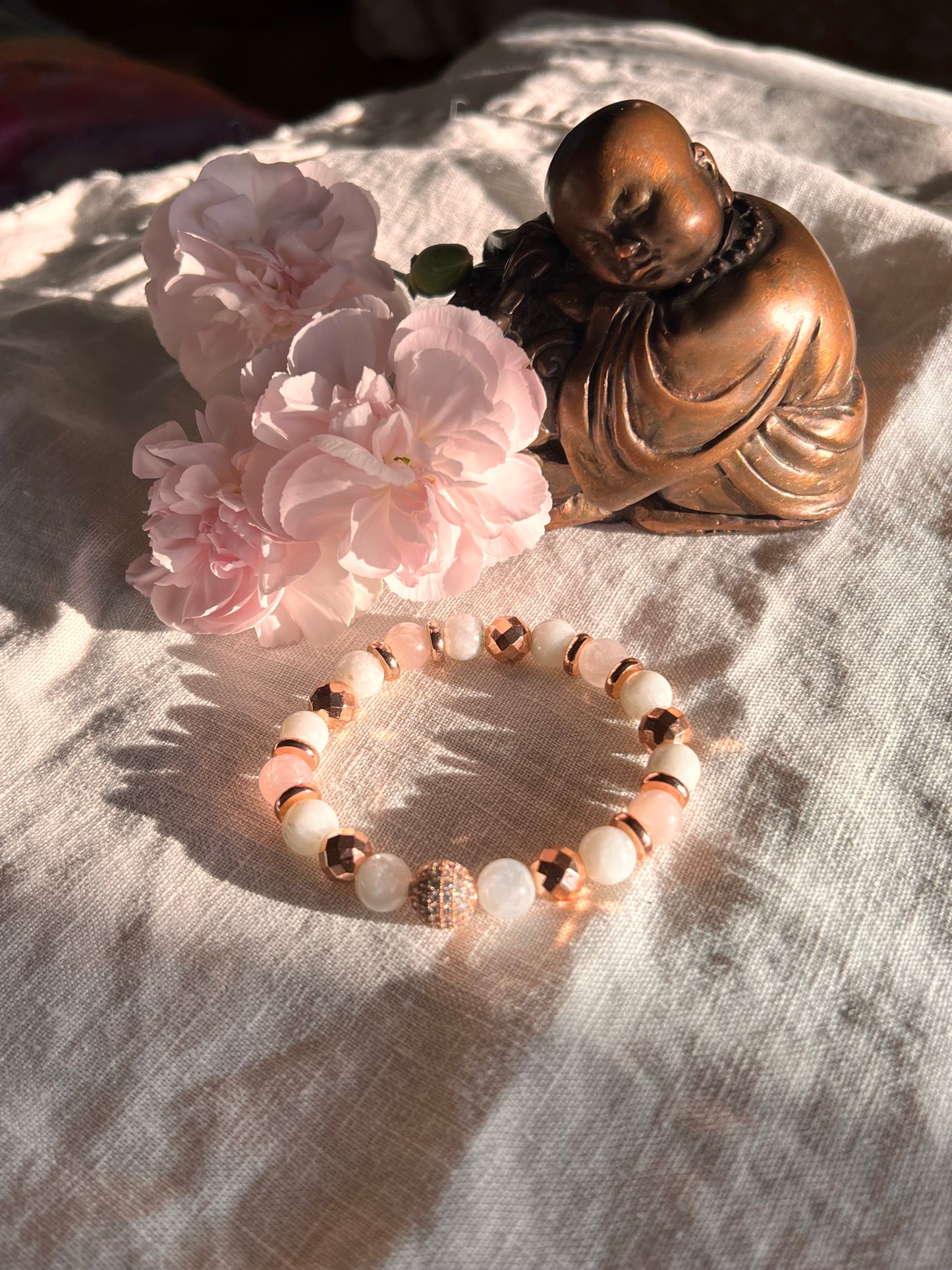Rose Quartz, Moonstone, and Rose Gold Plated Hematite Bracelet