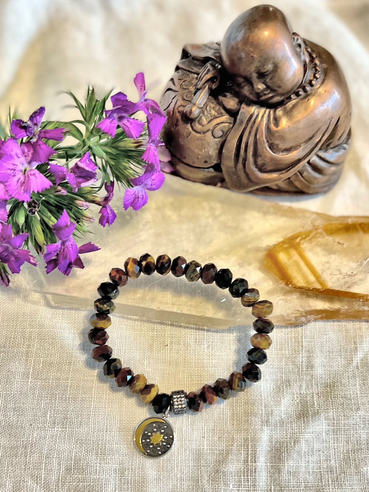 Mixed Tiger Eye with Moon and star charm