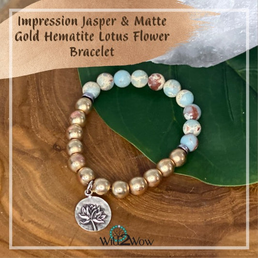 Impression Jasper & Matte Gold Hematite Lotus Flower Bracelet